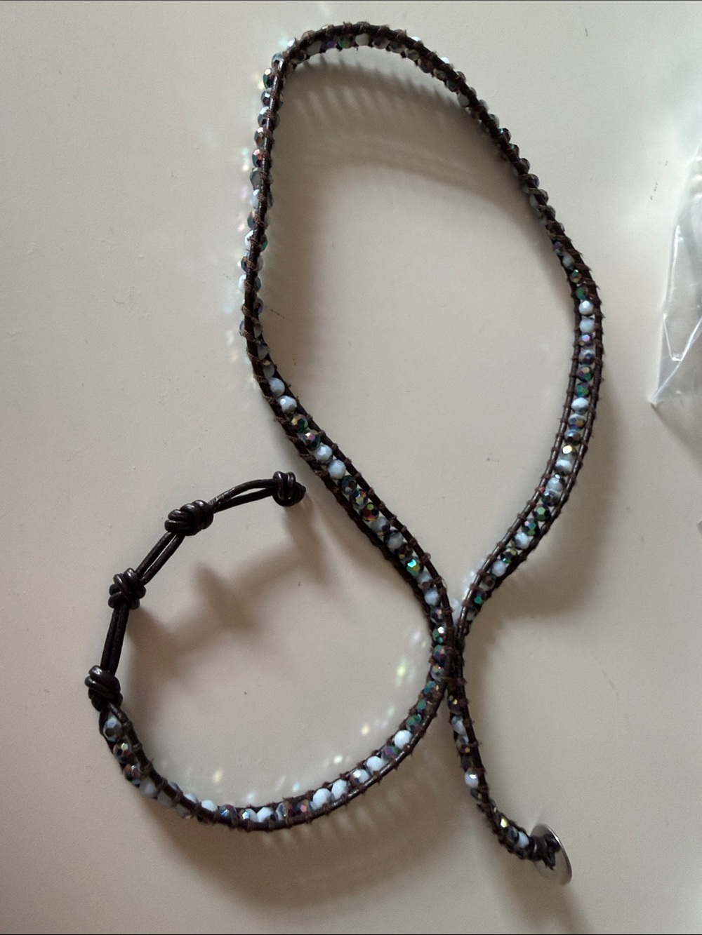 Beaded Woven Wrap Bracelet / Necklace - Iridescent White and blue hues